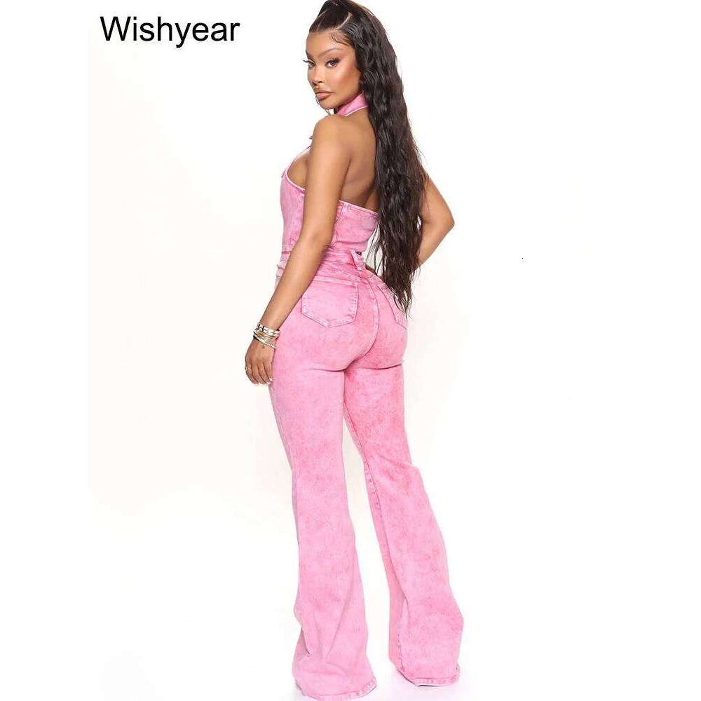 Fashion Army Green Denim Jumpsuit Women Halter Sleeveless Backless Wide Leg Pants Rompers Streetwear One Pieces Jeans Outfits
