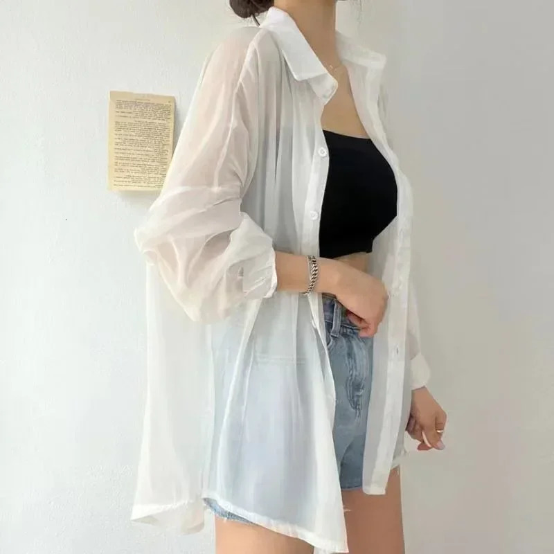 8 Colors Shirts Women Sheer Thin Chic Summer Simple Solid Sun-proof Temper Fashion Baggy All-match Basic Korean Style Clothes 250616