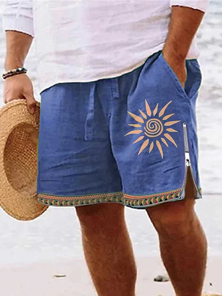 Vintage Zip-up Side Split Shorts Mens Summer Beach Casual Loose Drawstring Men Cotton Linen Shorts Fashion Pattern Print Shorts Z250617