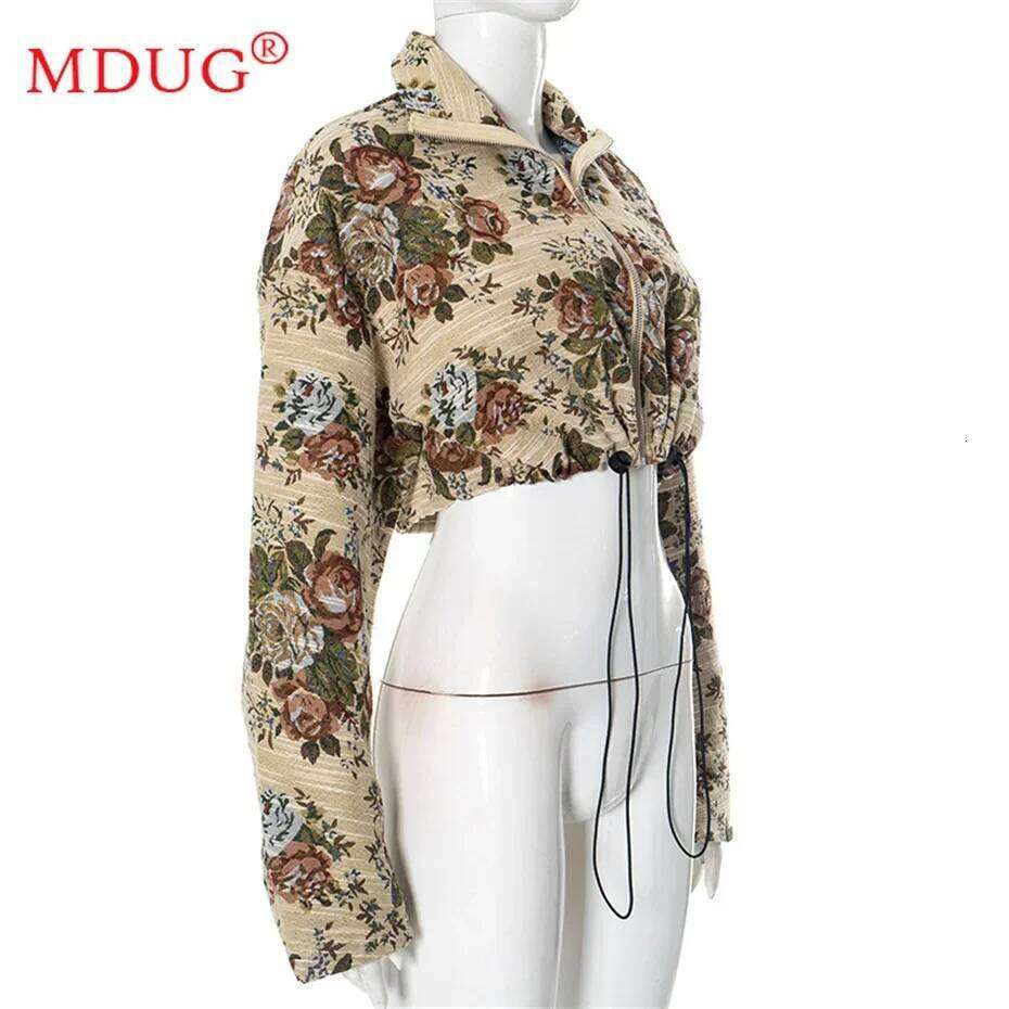 1pcs Women Coat and Jackets Fall 2024 Fashion Print Zipper Drawstring Crop Top Party Streetwear Girls Clothing Y2k M14745