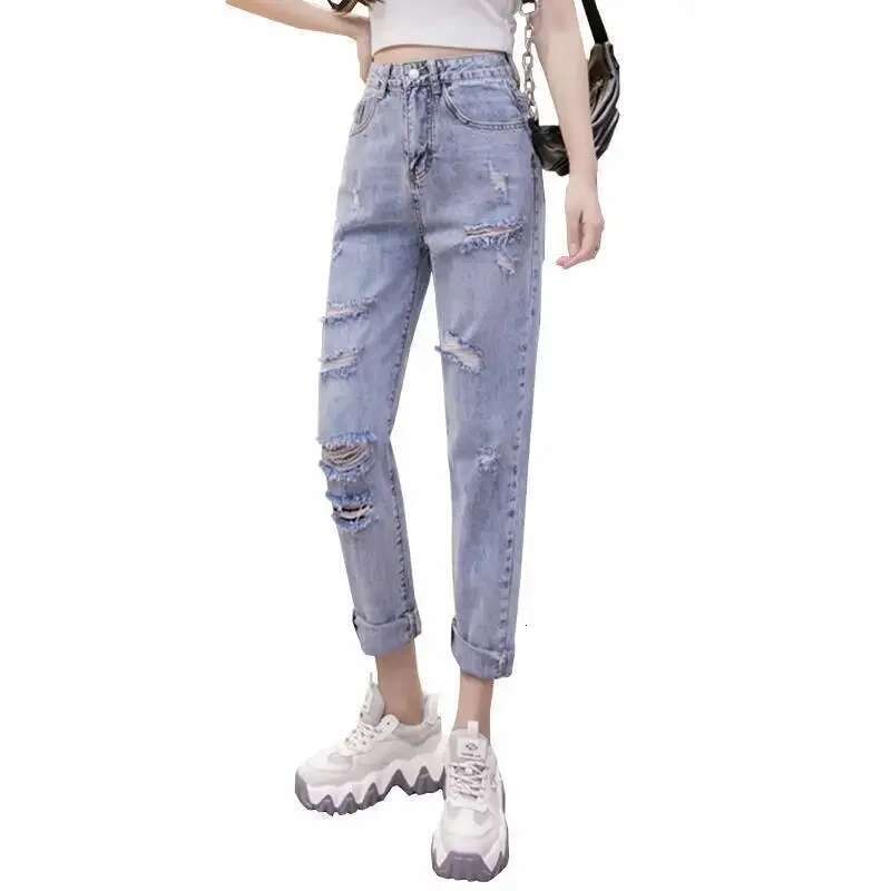 With Holes Womens Jeans Loosefit Female Cowboy Pants Korean Popular Clothes Vibrant 90s 2025 High Quality Shiny Cheap Trousers