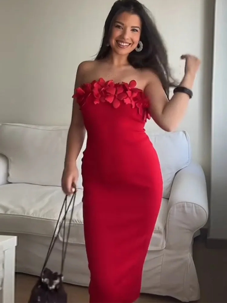 Strapless 3D Flower Women Dress Off Shoulder Sexy Backless Slim Fit Satin Solid Color Gown Robes Elegant Wrap Hip Long Dresses 250612
