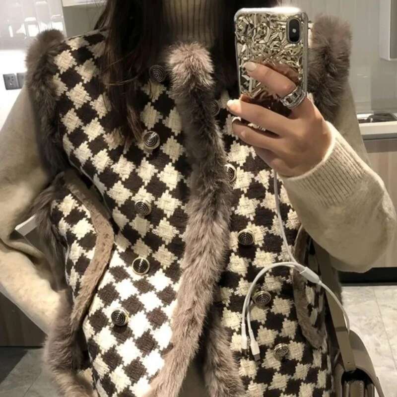Lady Giletes Houndstooth Loose Pretty Winter Clothing Demi-season Womens Fur Vests Elegant Sleeveless Cold Clothes Fashion 2025