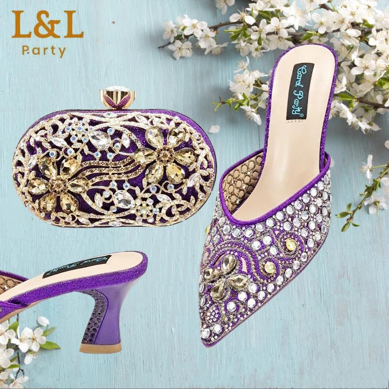 Dress Shoes Fashion Nigeria Design Rhinestone-encrusted Sex Ladies And Bag High Heels Sandals With Gold Color Mini For Party