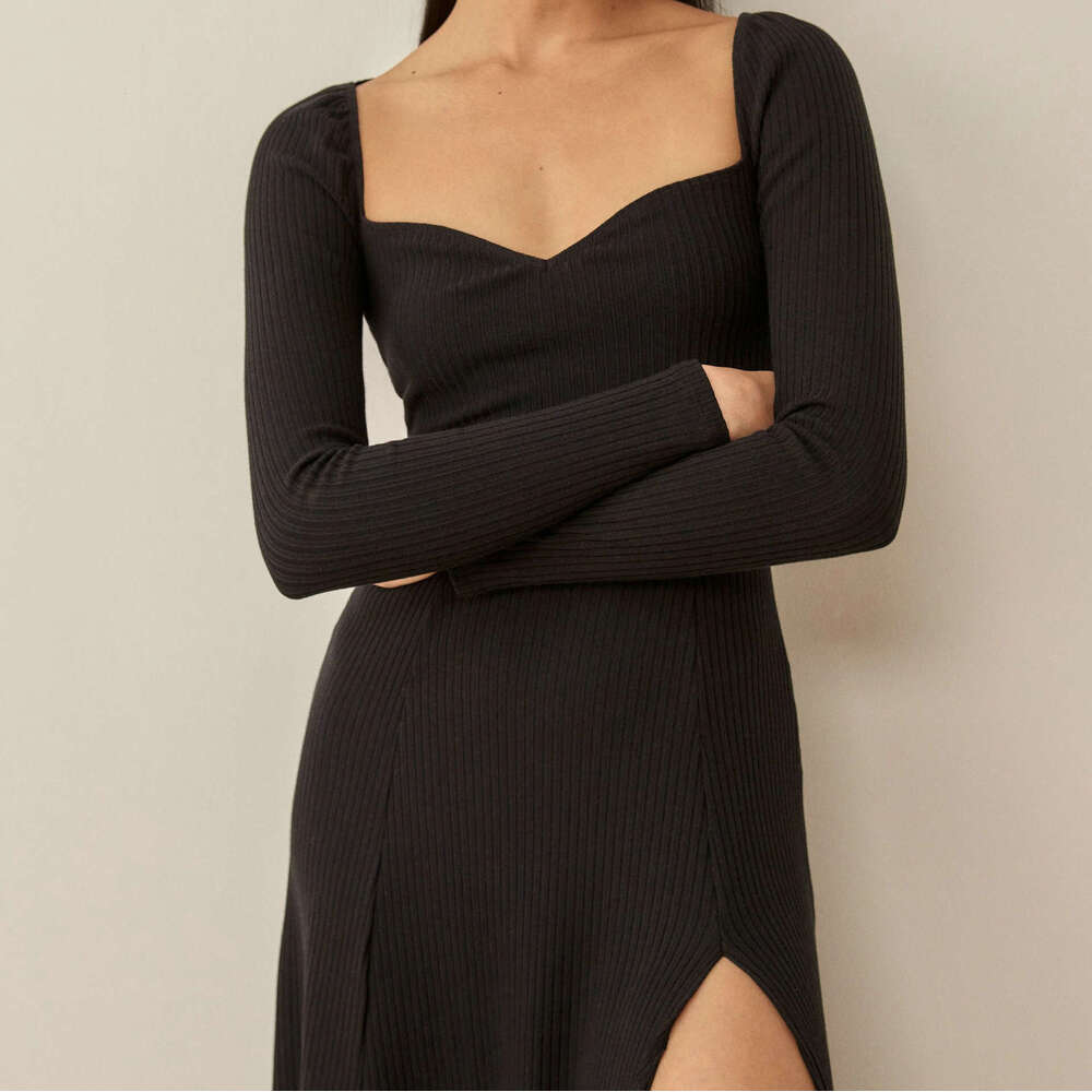 Calf Whitedress Robe N526 Spring Summer 2025 Solid Color Square Neck Long Sleeve Mid-length Split Sexy Knitted Dress Womens Fashion