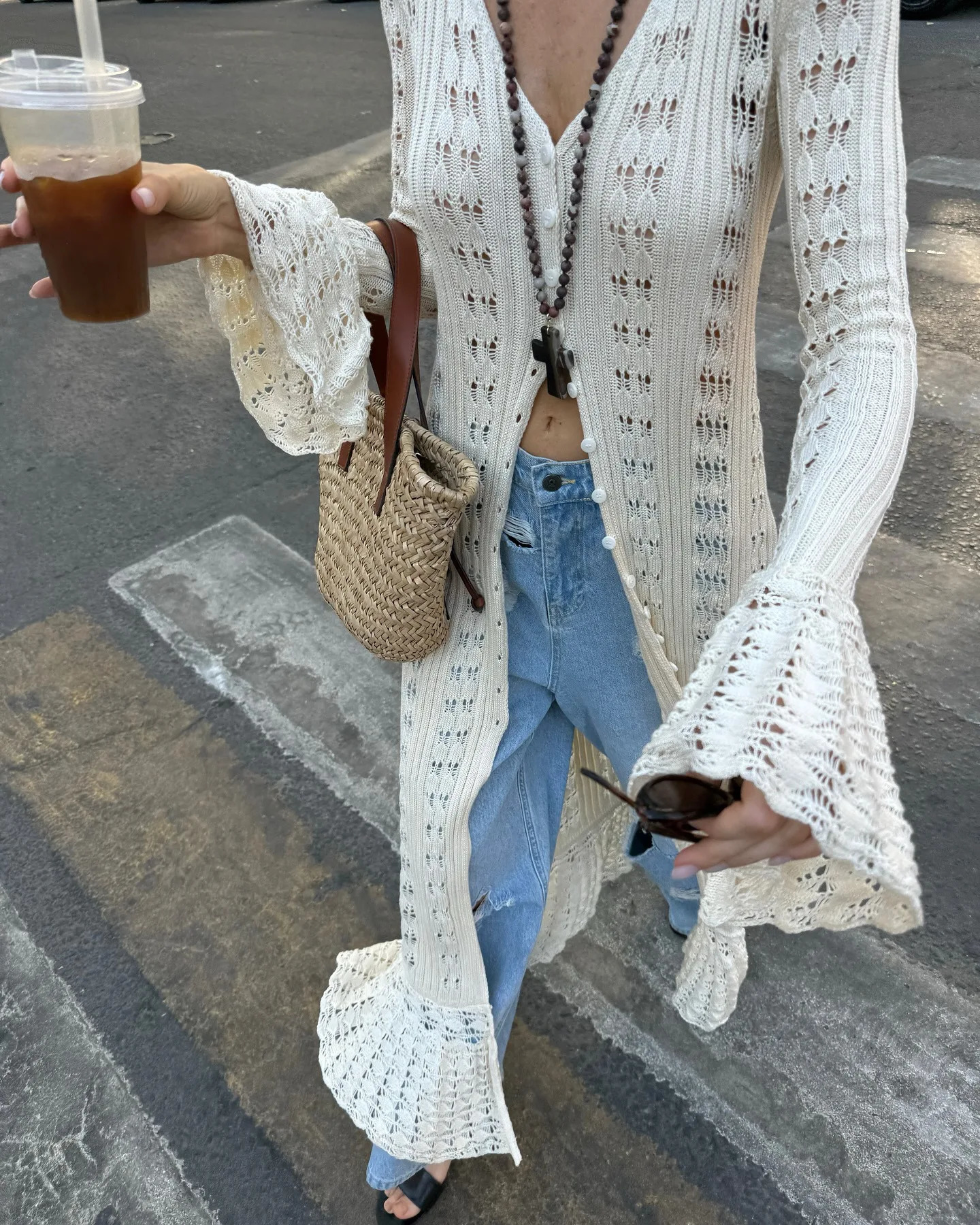 DRC 2025 Holiday Knitted See-throught Cardigan Dress V Neck Long Flare Sleeves Leisure Long Trendy Single Breasted Autumn 250616