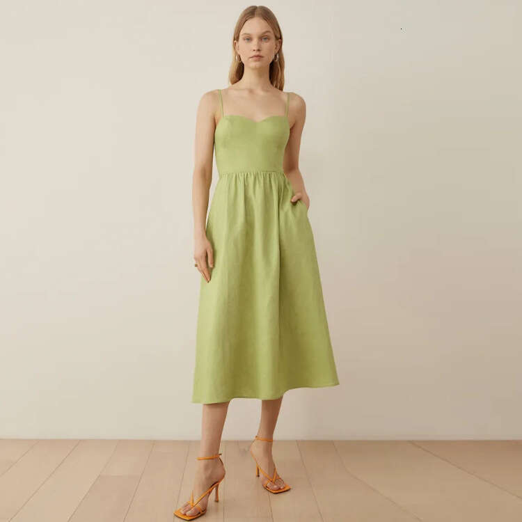 Maxi Dress for Women Bodycon Dresses for Women Skirt Robe Sexy June 417#summer New Green Strap Linen Mid-length Dress 2025 French Style Womens Fashion
