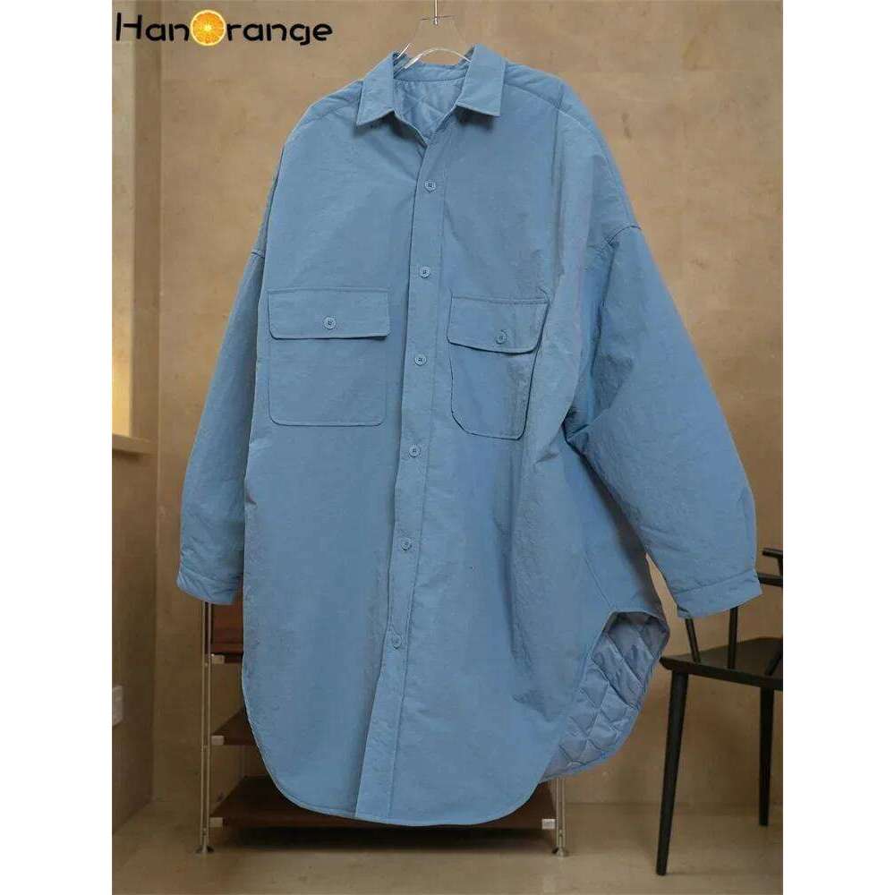 HanOrange 2024 Winter Street Lazy Parkas Women Loose Warm Casual Cotton-padded Shirt Female Vintage Blue/Dark Gray