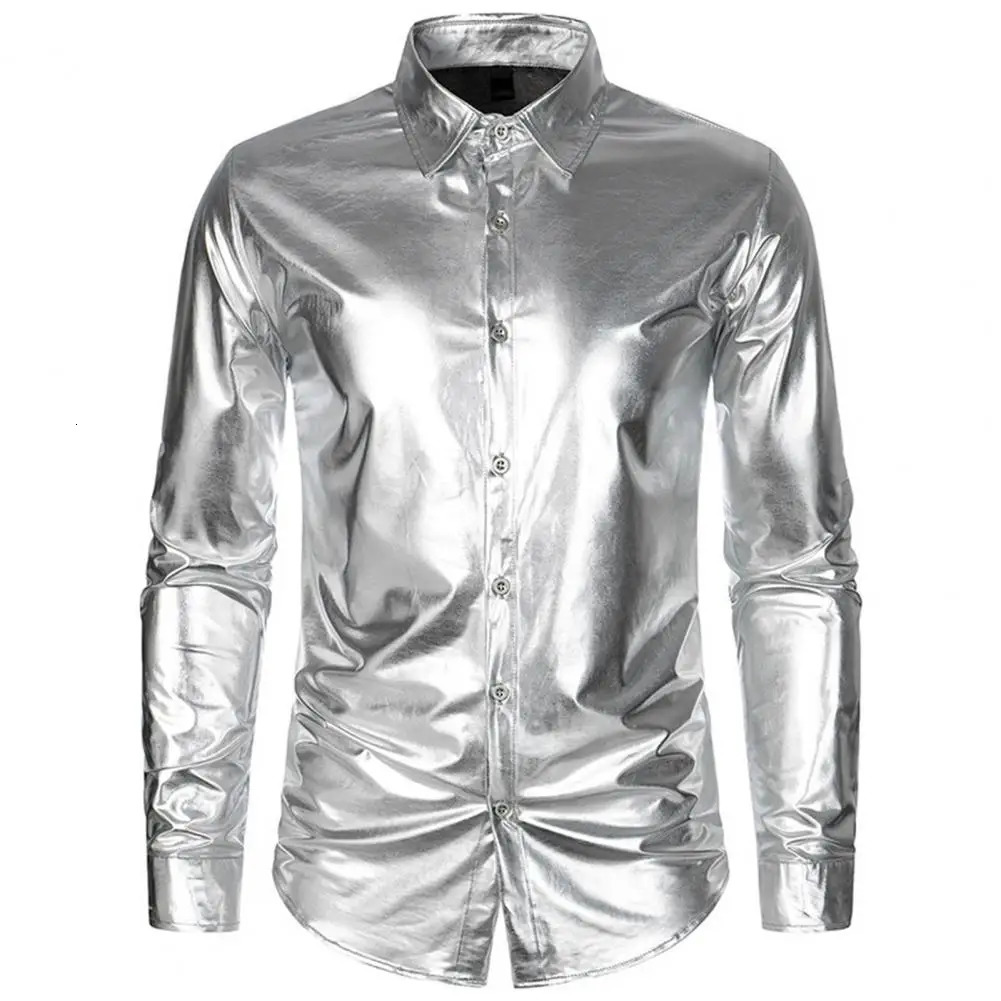 Solid Color Men Shirt Mens Glossy Satin Performance Shirt with Turn-down Collar Single-breasted for Club Party Stage 250616
