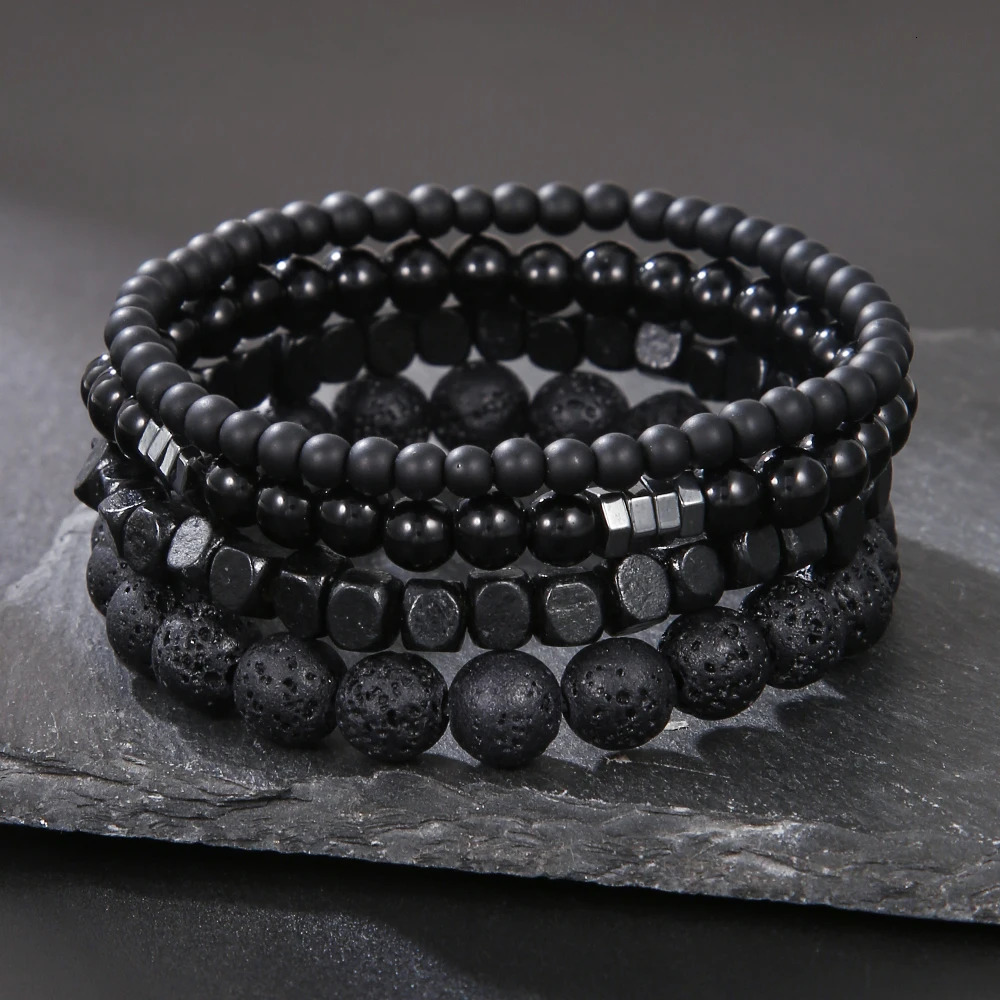 4PcsSet Black Gall Stone Volcanic Stone Wood Beads Multi-layer Mens Combination Elastic Bracelet For Couple Friends Jewelry 250616