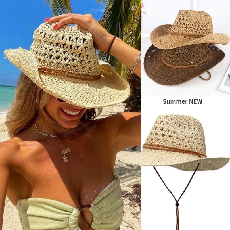 Vintage Western Cowboy Sun Hat Men Women Straw Hat Outdoor Travel Ethnic Style Gift UV Protection Cap Chapeau Beach Hat 250616