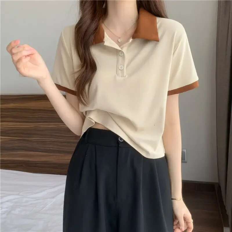 Summer Outfit Womens Polo Shirts Slim Female Tee Y2k Fashion Youthful Elegant Korean Clothing Casual Tops Synthetic T-shirts