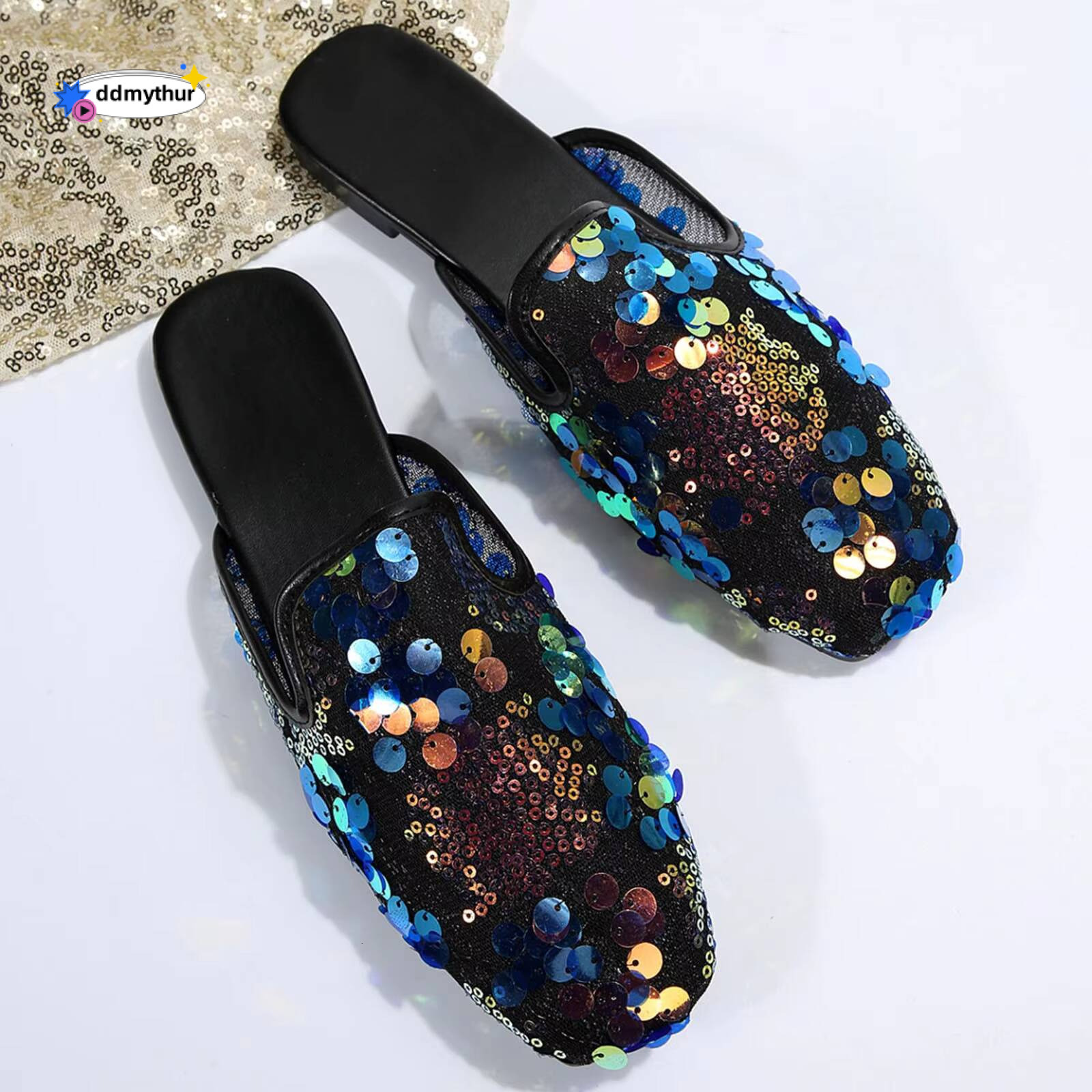 Women Casual Shoes Sequin Decoration Slipper Square Toe Flat Bottom Comfortable Platform Sandals Slides Outdoor Beach Slippers ddmythur