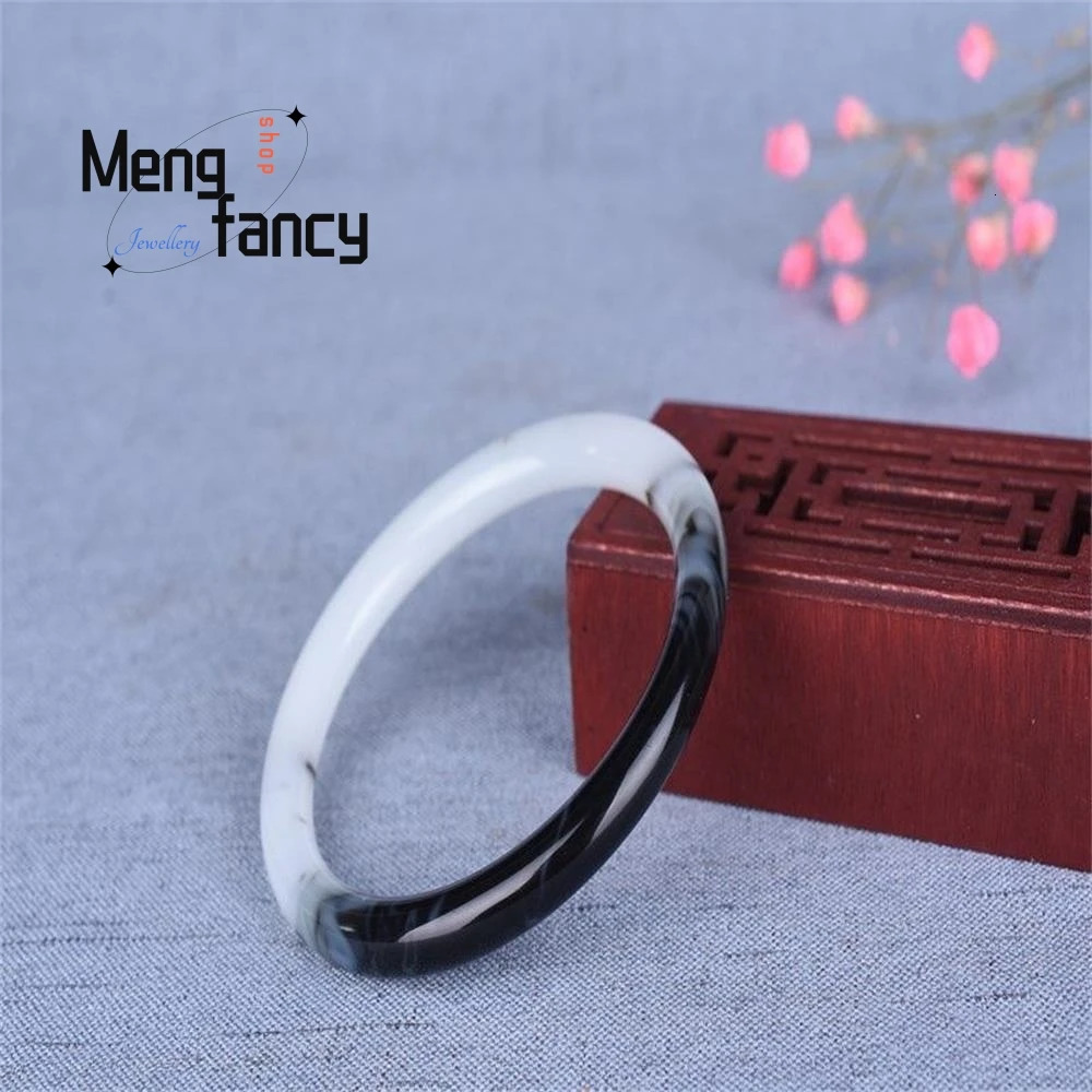 Natural Hetian Jade Bracelet Black White Flowers Charm Fashion Retro Fine Jewelry Elegant Girl Couple Bangle Holiday Gift 250616