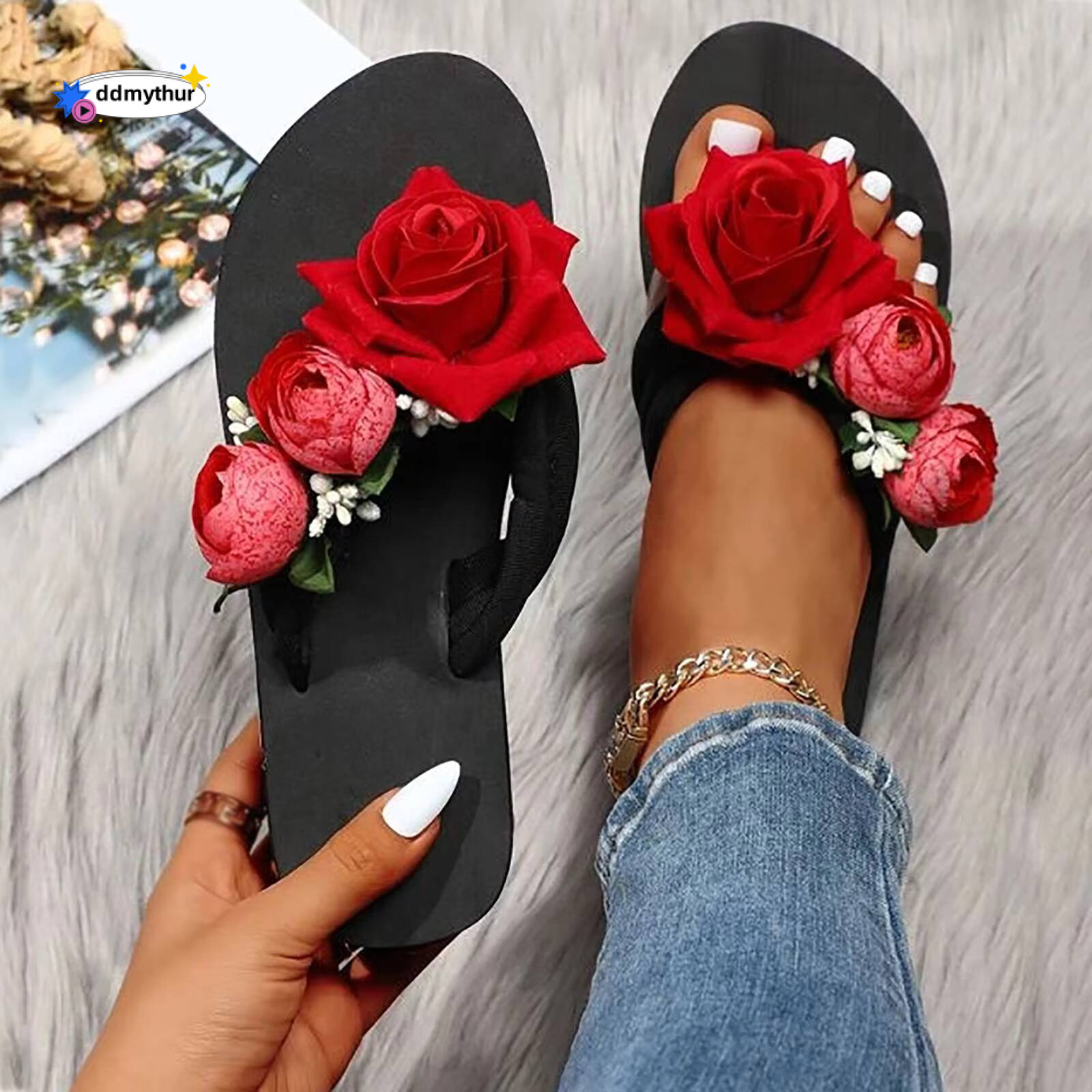 Open Toe Flowers Slippers For Women Ladies Summer Flip Flops Bohemian Casual Shoes Womens Rose Decoration Sandals ddmythur