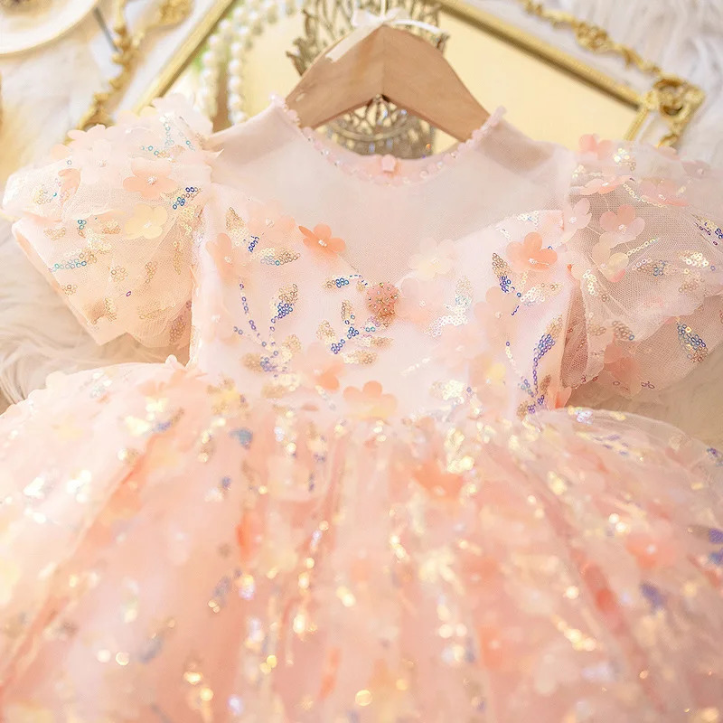Pink Baby Kids Princess Tulle Bow Sequin Flower Girl Dress Children First Communion Dress Ball Gown Wedding Party Dress Birthday 250617