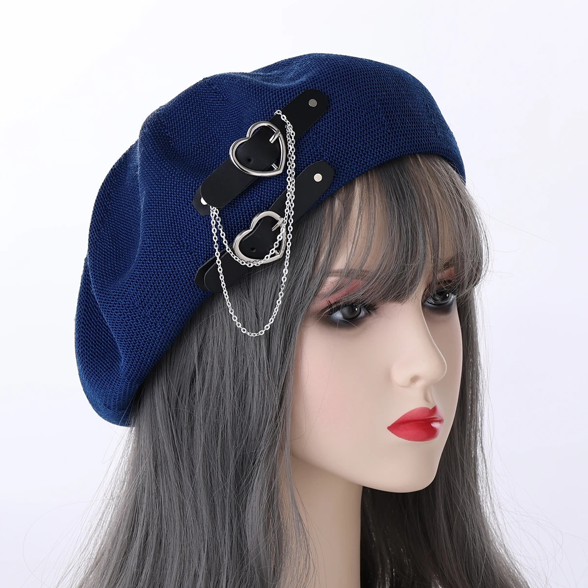 Black Punk Beret for Girls Women 56cm Head Preppy Style Breathable Gothic Lolita JK Hat Beanie 250604