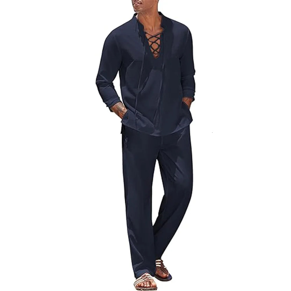 2pcs Set Mens Cotton Linen Shirt and Pants Suits for Men Beach Wear Tracksuit Solid Color Shirts Sweatpants Hawaiian Vacation 250616