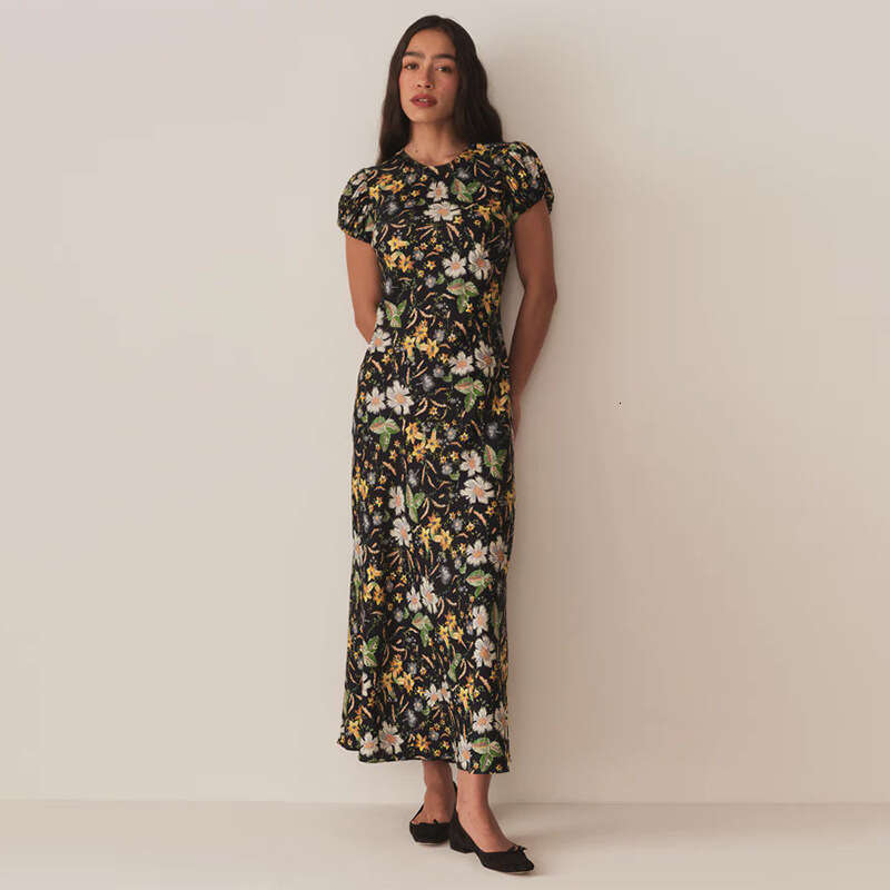 Clothes Women Designer Buttock Women Dress 495 Summer New 2025 Rayon Print Round Neck Short Sleeve Asymmetrical Slim Fit Long Dress French Style Women
