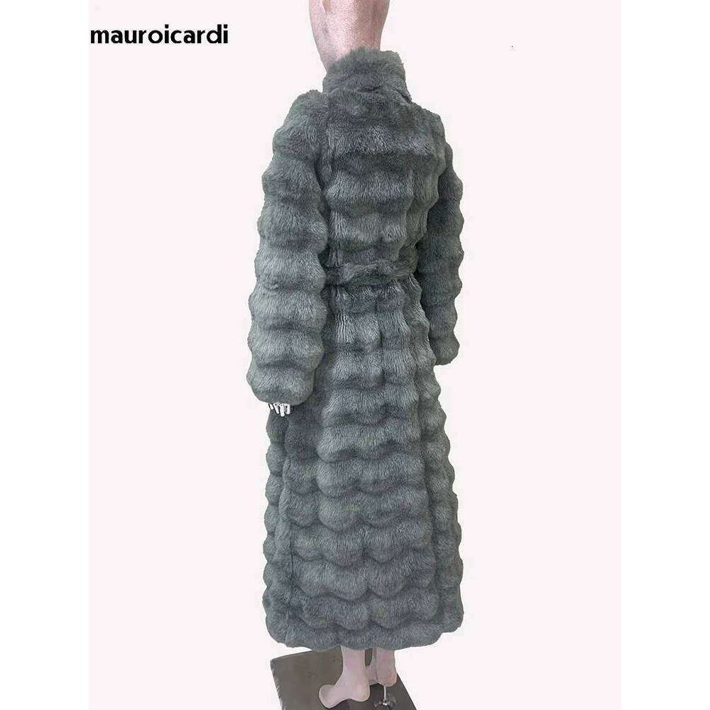 Mauroicardi Winter Extra Long Thick Warm Striped Soft Fluffy Faux Chinchilla Fur Coat Women Elegant Chic Furry Overcoat