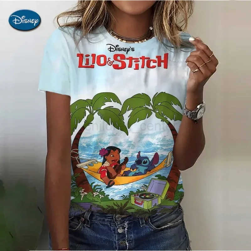 Disney 2024 Summer Disney Lilo Stitch 3D Print T-shirts For Women Cute Lady Summer T-shirts Casual O-neck Stitch T-shirts W250617