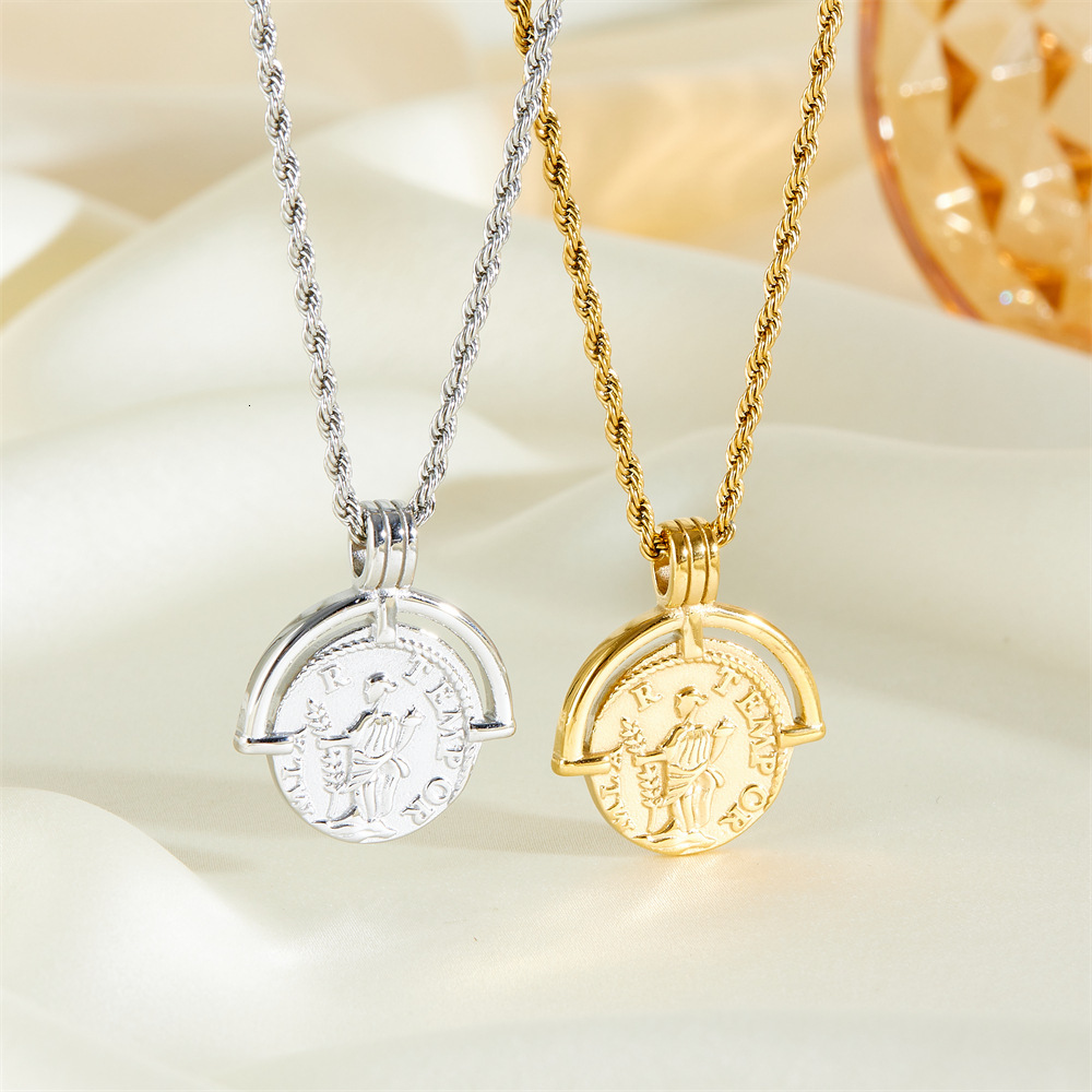 Fashionable and Elegant Portrait Roman Coin Pendant for Women, Titanium Steel Gold Non-Fading Necklace