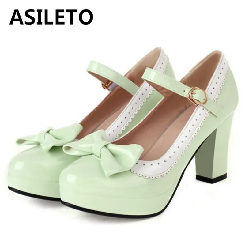ASILETO Spring Bowtie Cute Pumps Mary Round Toe PU Buckle Strap Sweet 9cm Block Heels Big Size 33- A4089 Green 250613