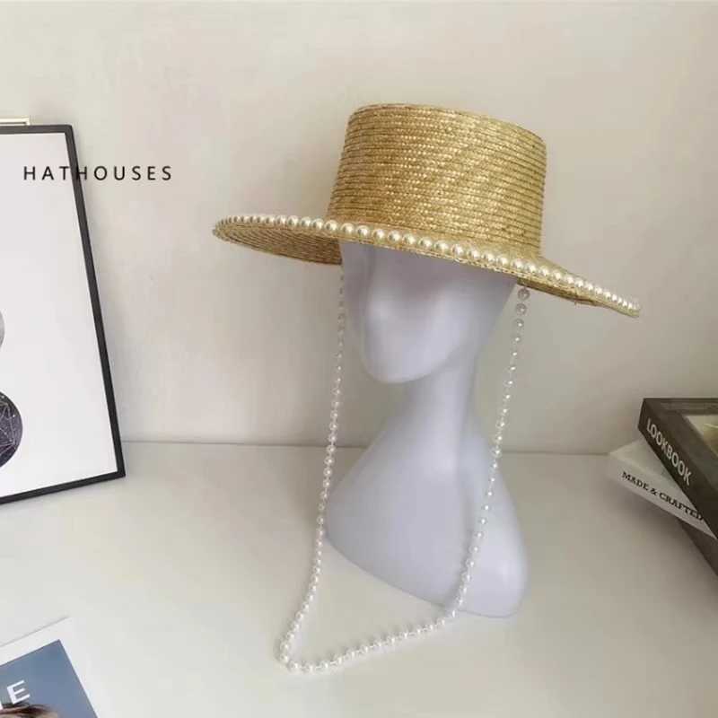Wheat Straw Sun Hat For Women Summer Pearl Wide Brim Floppy Panama Fishermen Hats Female Lady Outdoor Foldable Beach Sun CapsXJ250617