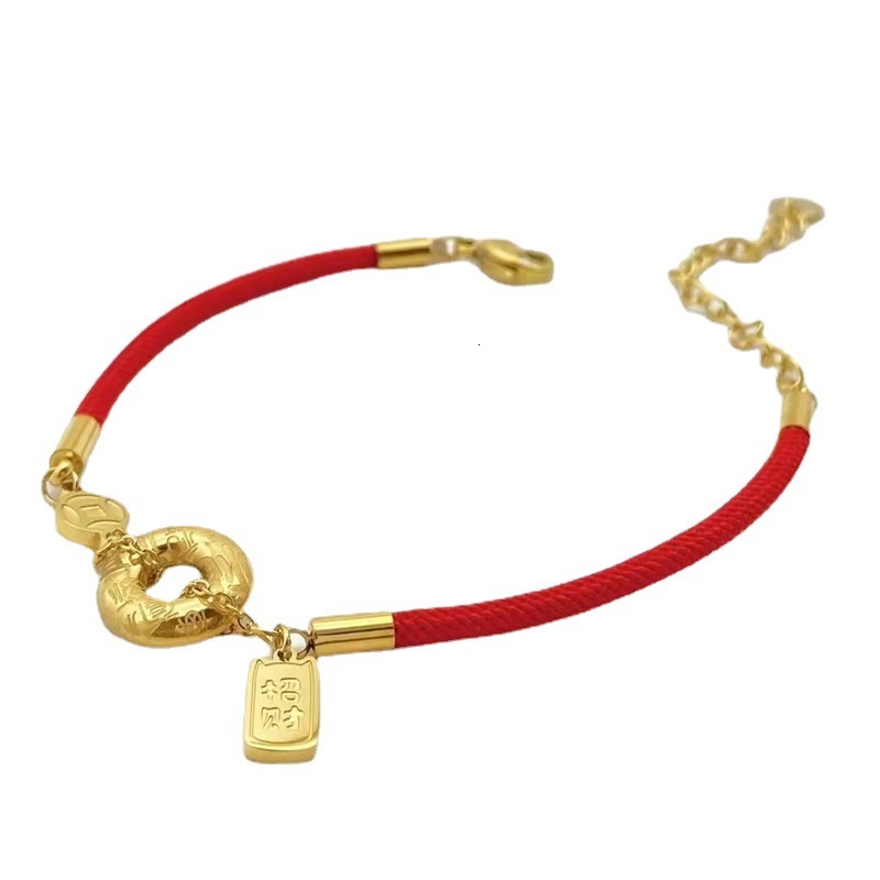 Titanium Steel Fashion Red Rope Wealth Fortune Character Coin Simple Style Niche Gold Clavicle Bracelet