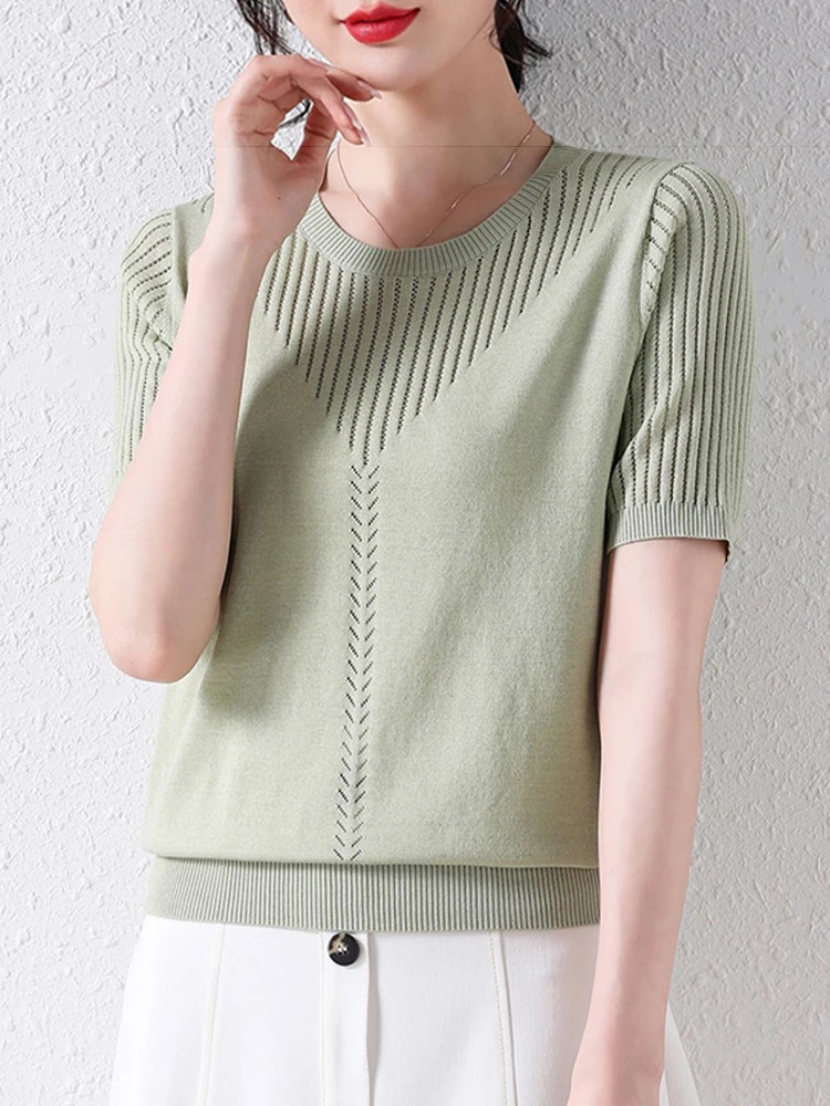 Summer Hollow-out Women Knit Tees Shirt O-neck Cotton Pullover Tops Short-sleeved T-shirt Knitted Jumpers Base Sweater 250614