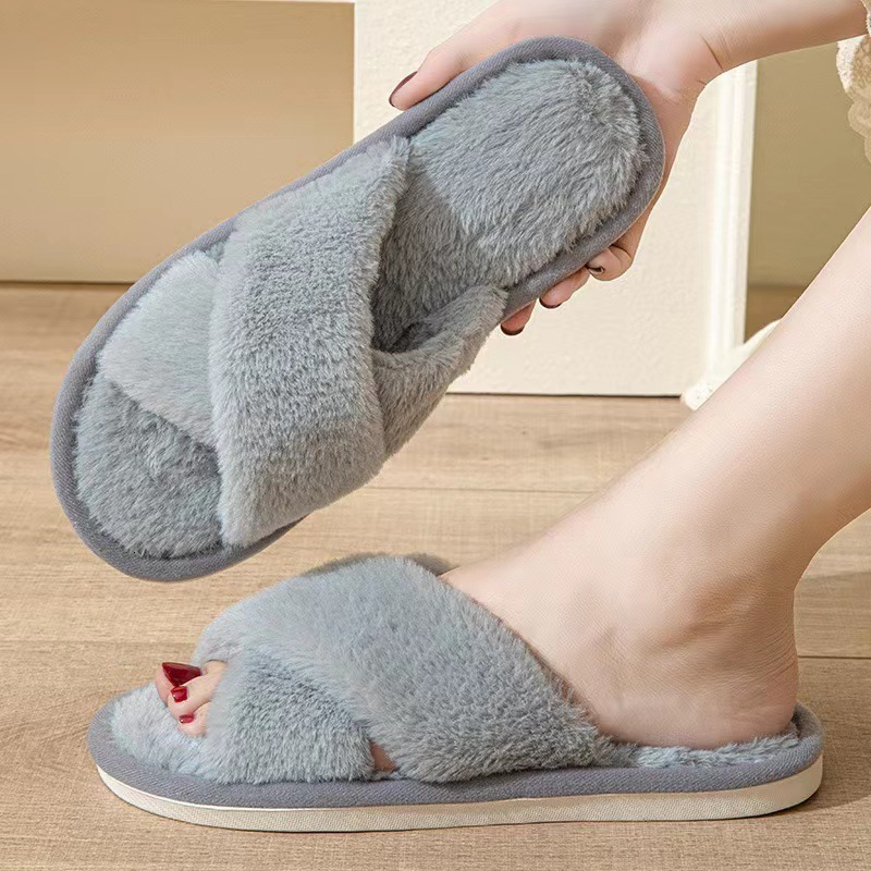 New solid color fur cross strap anti slip shoes for home women's cotton slippers, fashionable women's sandals, designer sandals