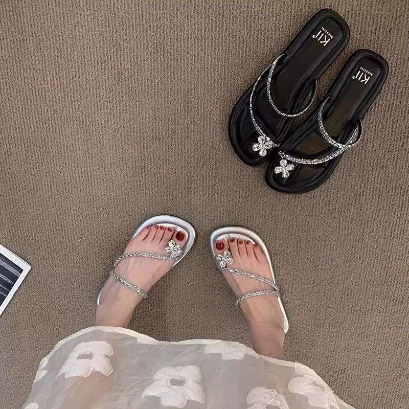 Women's flat bottomed rhinestone shoes summer outdoor new women's sandals designer sandals beach soft soled women's slippers