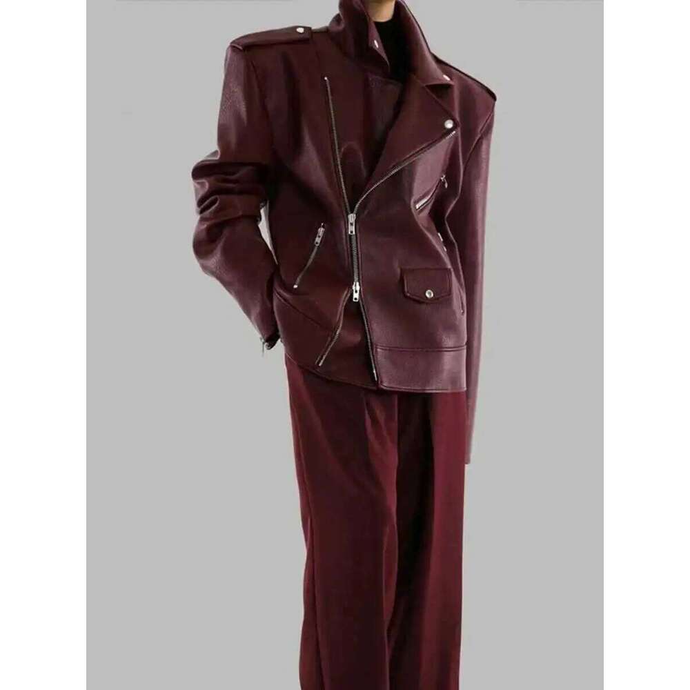 KWTX Solid Splicing Pocket For Women Flip Collar Long Sleeve Designer Leather Jacket Women's Fashion New