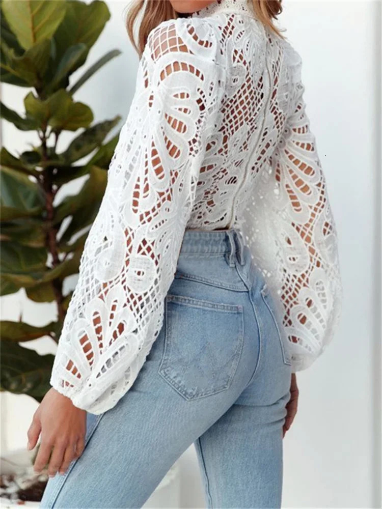 Women Elegant Lace Blouse Shirts Summer Autumn Puff Long Sleeve Slim Fit Crop Tops Vintage Casual Tops and Blouses Female 250614