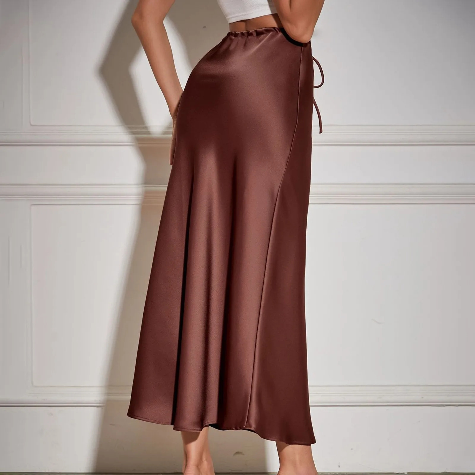 Top Selling Skirts For Women Plus Size WomenS Solid Color Satin Long Dress High Waist Drawstring Dress Ropa Para Mujer 250614