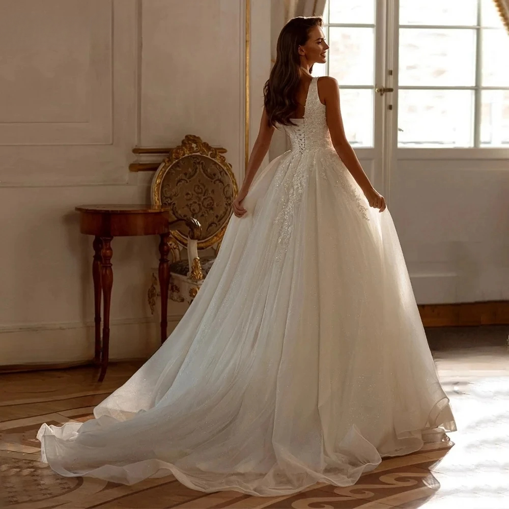Elegant Shiny Sequin Lace Wedding Dresses Square Neck Appliques Lace Beading A Line Bridal Dress Bride Gowns