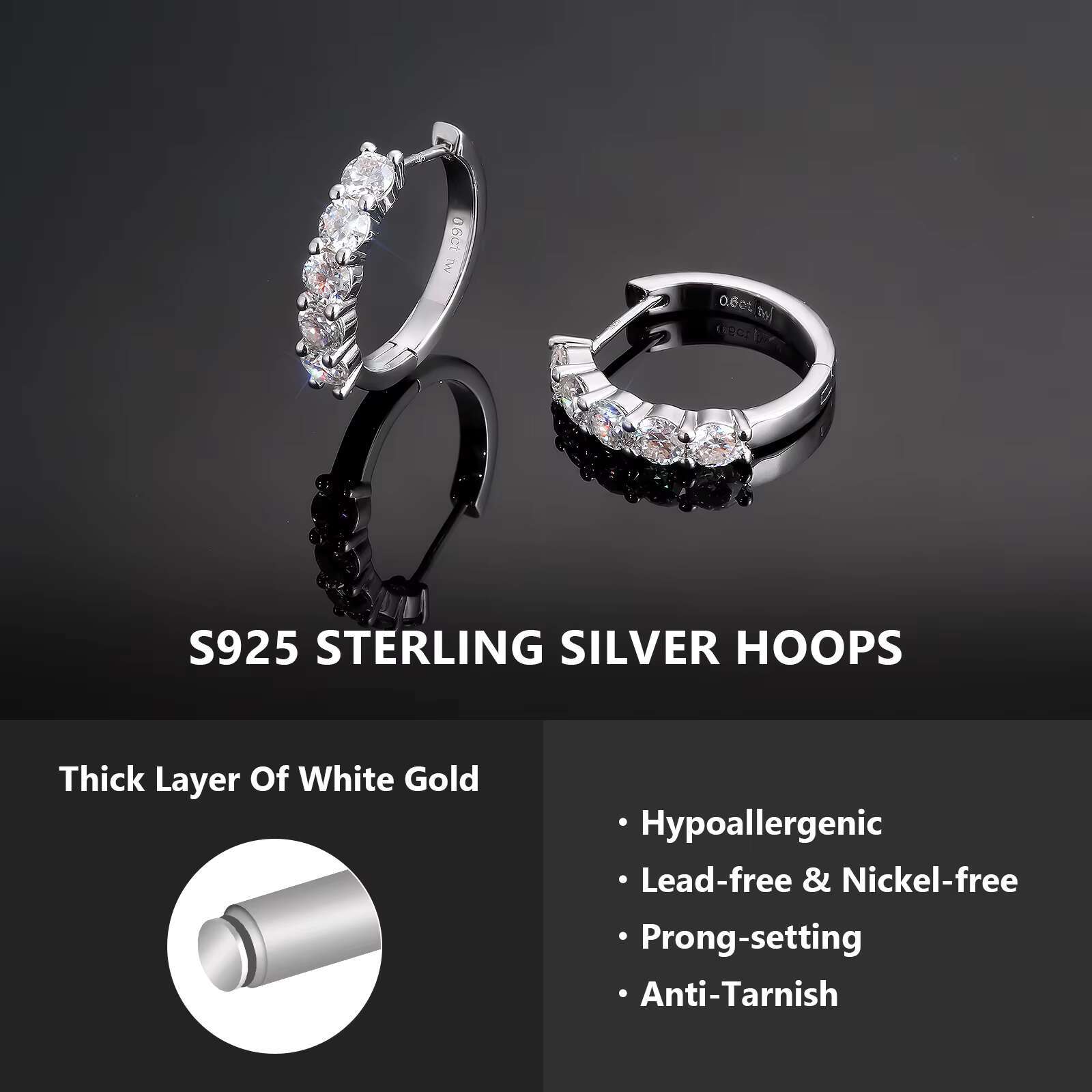 Moissanite D VVS1 925 Sterling Silver Huggie Women Gifts 14K White Gold Plated Lab Created Diamond Hypoallergenic Hoop Earrings