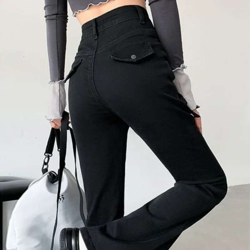 Pants for Woman with Pockets Black High Waist Shot Cargo Womens Jeans Slim Fit Trousers Skinny Wide Leg Cowboy Japanese Y2k Z R