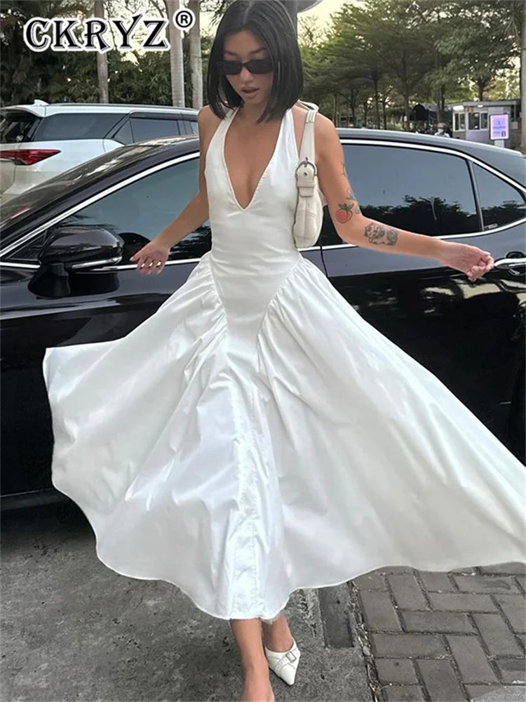 Ladies Summer Evening Party Fashion Dress Women Sleeveless Backless V-Neck Sexy Maxi Dresses Night Clubwear Female Outfits 250616