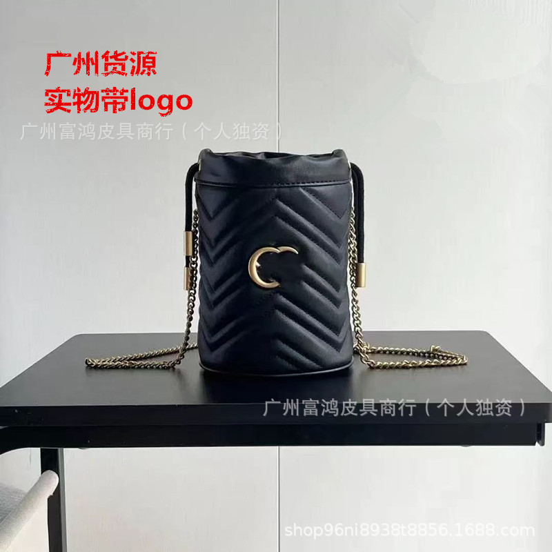 Marmont Tote Bag with Chain and Drawstring Heart-Shaped Genuine Leather Fortune Bucket Shoulder Crossbody Bag