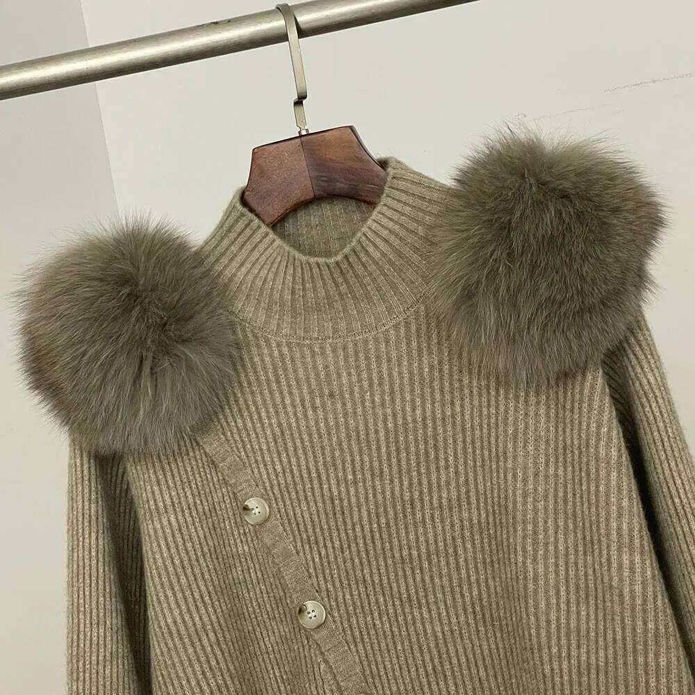 OFTBUY Trousers Knit Suit Women 2025 New Spring High Collar Knitted Cardigan Female Real Fox Fur Sweater Lady Knitting Clothing