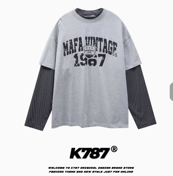 American High Street Trendy Retro Splicing Longsleeved Men Y2k Letter Print Fashion Loose Cotton Round Neck Tshirt Women 250226