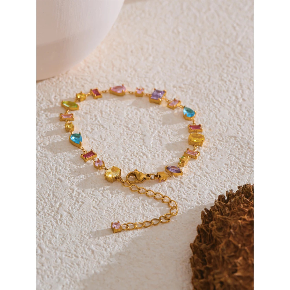 Yhpup Waterproof Gift Delicate Colorful Cubic Zirconia Chain Chic Bracelet Bangle Women Stainless Steel Wrist Jewelry 250603