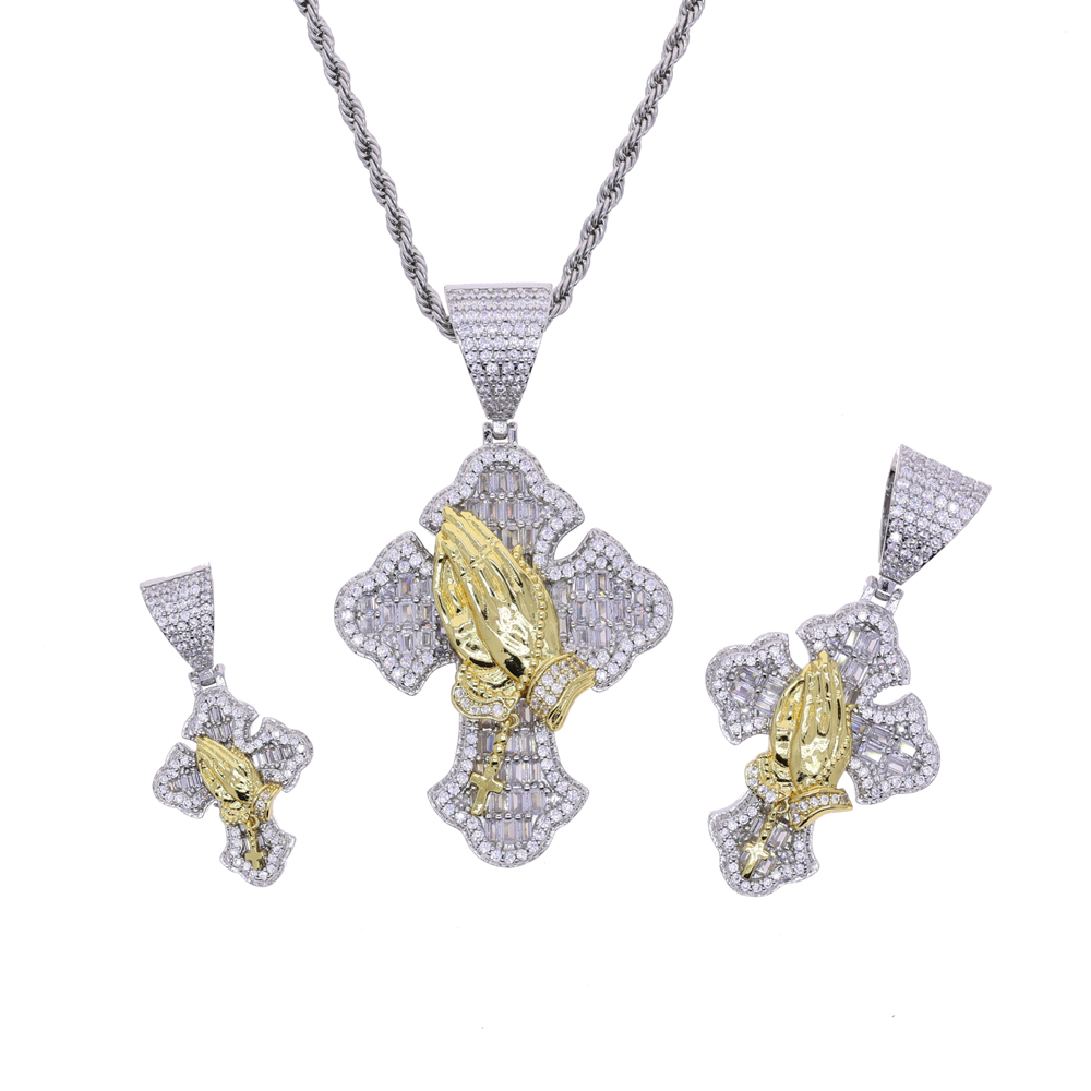 sdzstone 2025 NEW fashion Iced Out Bling Cross Pendant Necklace Praying Hands Pendant Charm For Man Woman Jewelry