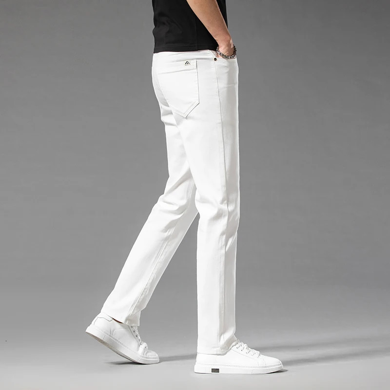 Summer 98% Cotton Mens Casual Jeans White Classic Fashionable Stretch Straight Denim Trousers Black Clothing Male 250614