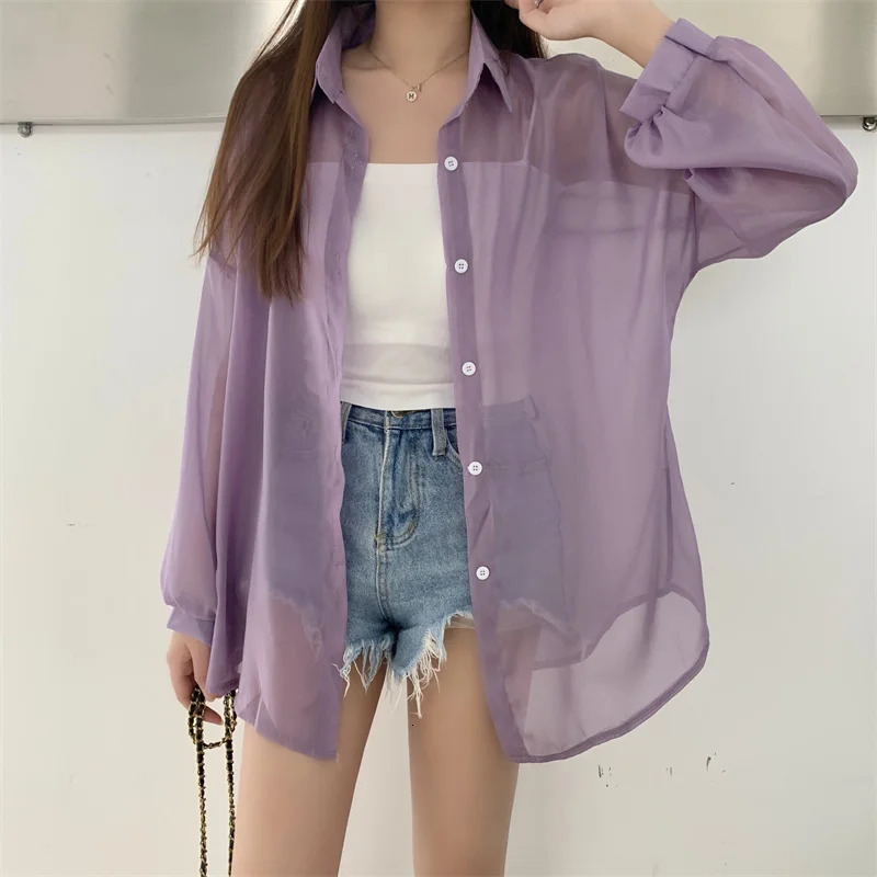 Semi Sheer Long Sleeve Shirt for Women Shimmer Button Down Collared Plain Lightweight Shirt Spring Summer Chic Tops Outfit 250616
