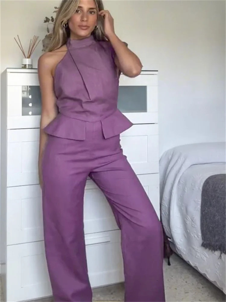 Womens Jumpsuit Solid Halter Waist Cinching Sleeveless Pockets Wide Leg Bodysuit Lady One Piece Summer Lady Streetwears 250616