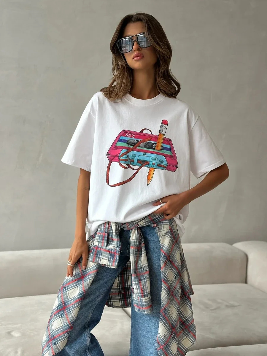 summer Womens Fashionable Printed T-shirt Casual Vintage Short-sleeve Printing T Shirts Fashion Hip Hop Loose Top 250617