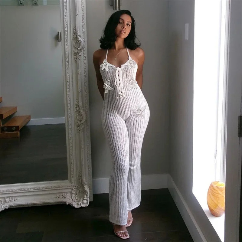 Leosoxs Knitted Halter Lace-Up Backless Jumpsuit Women Flower Applique Sleeveless Skinny Rompers Summer Vacation Beachwear 250617