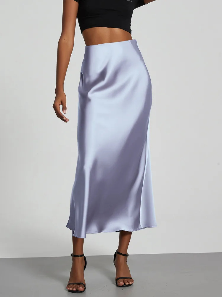 21 Colors 2025 Womens Elegant High Waist Satin Long Skirts Female Summer Solid Color Faldas 250614